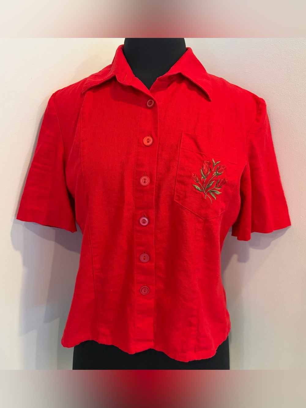 R & K Originals Vintage Red Linen Blend Embroidered Rose Button Shirt 12